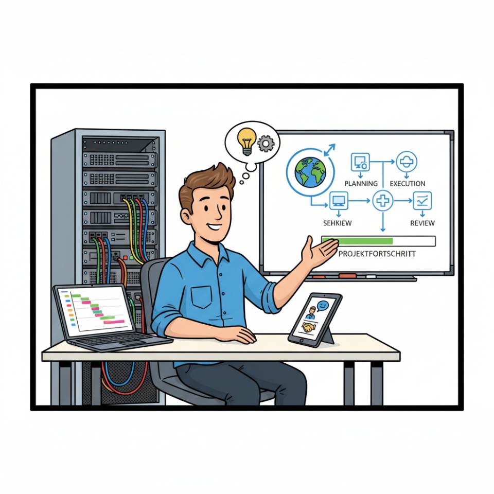Comic-Darstellung eines Projektassistenten mit Laptop, Projektplan, Kalender und Meeting-Unterlagen am Schreibtisch im Projektbüro