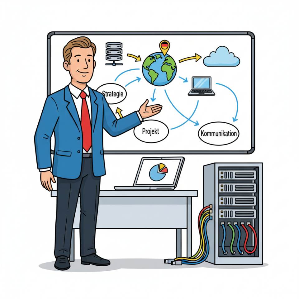 Comic-Darstellung eines Referenten mit Aktenmappe, Laptop, Gesetzesbüchern und Vorlagen im modernen Büro