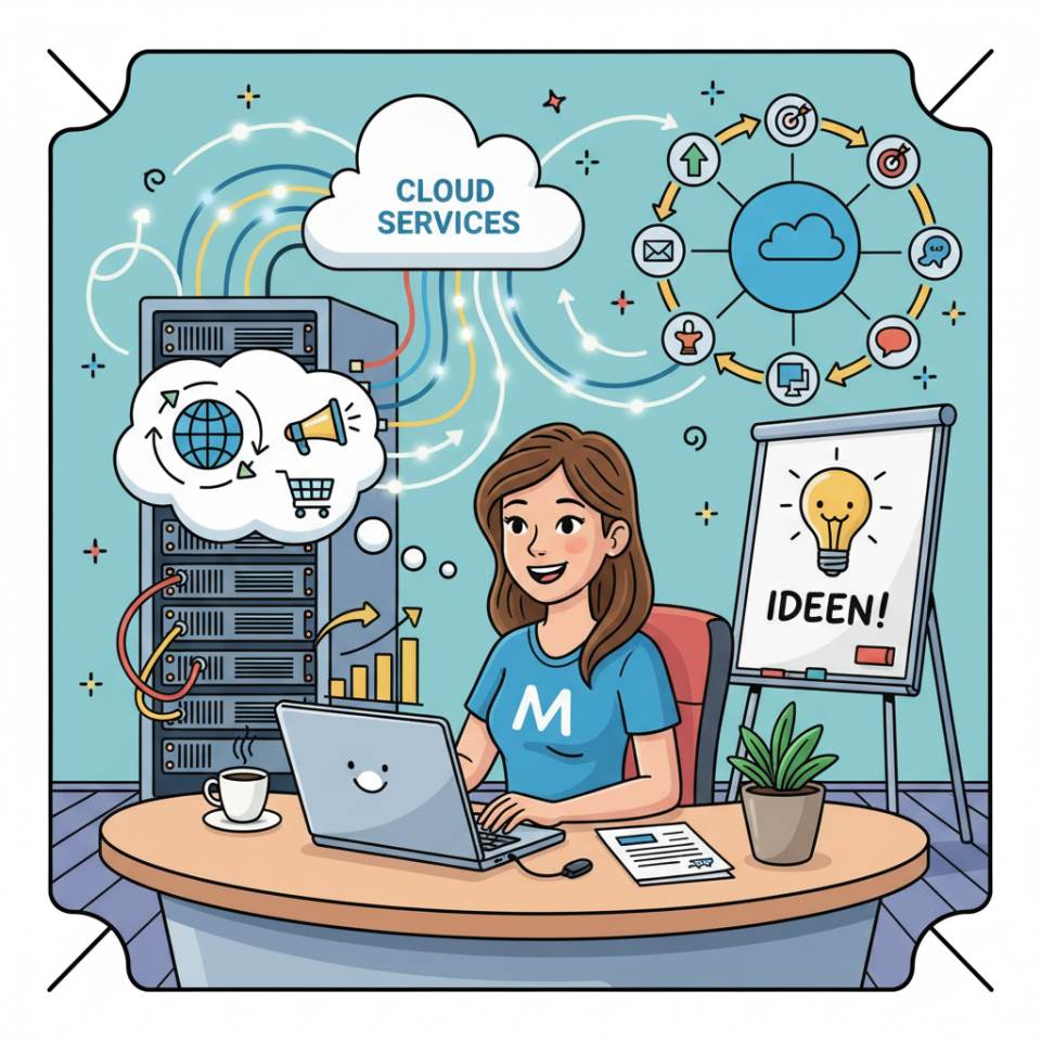 Comic illustration of a marketing specialist with a laptop, campaign boards and social media icons at a modern desk