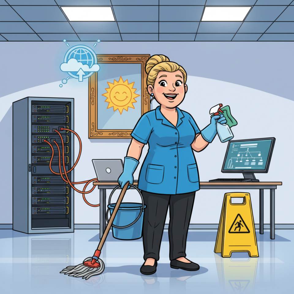 Comic illustration of a cleaner with a cleaning trolley and mop in a bright office corridor