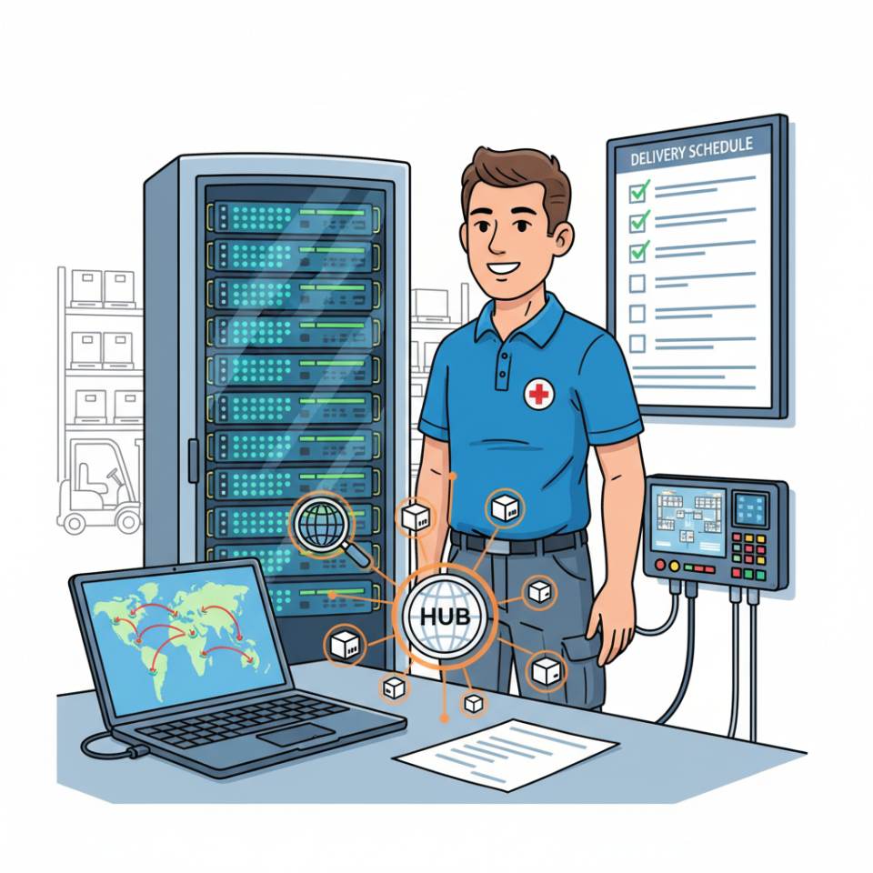 Comic illustration of a transport helper in a high-visibility vest loading a truck at the ramp