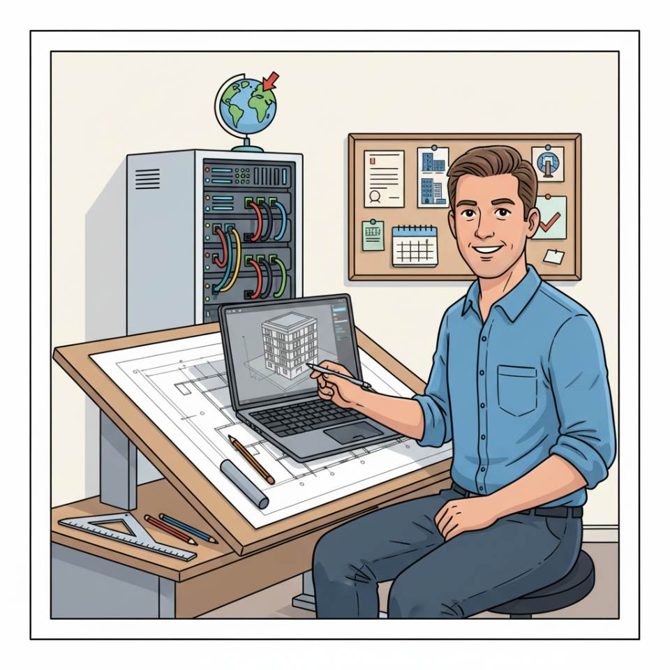Ilustración cómic de un delineante de construcción en un puesto CAD con planos de obra