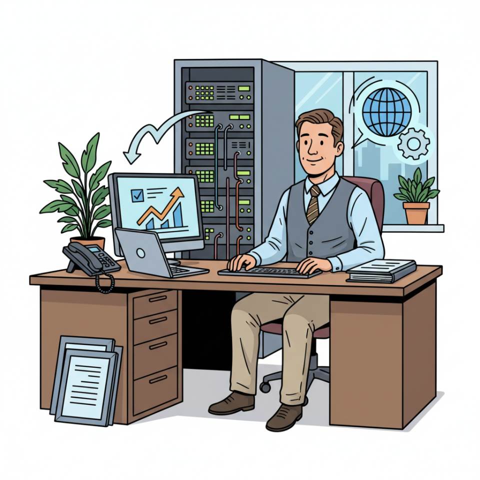 Ilustración tipo cómic de un administrativo de oficina en el escritorio con portátil, carpetas y calendario