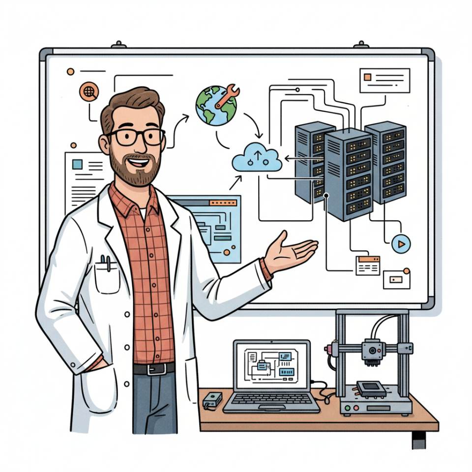 Ilustración cómic de un ingeniero con casco, planos y portátil junto a una planta industrial moderna