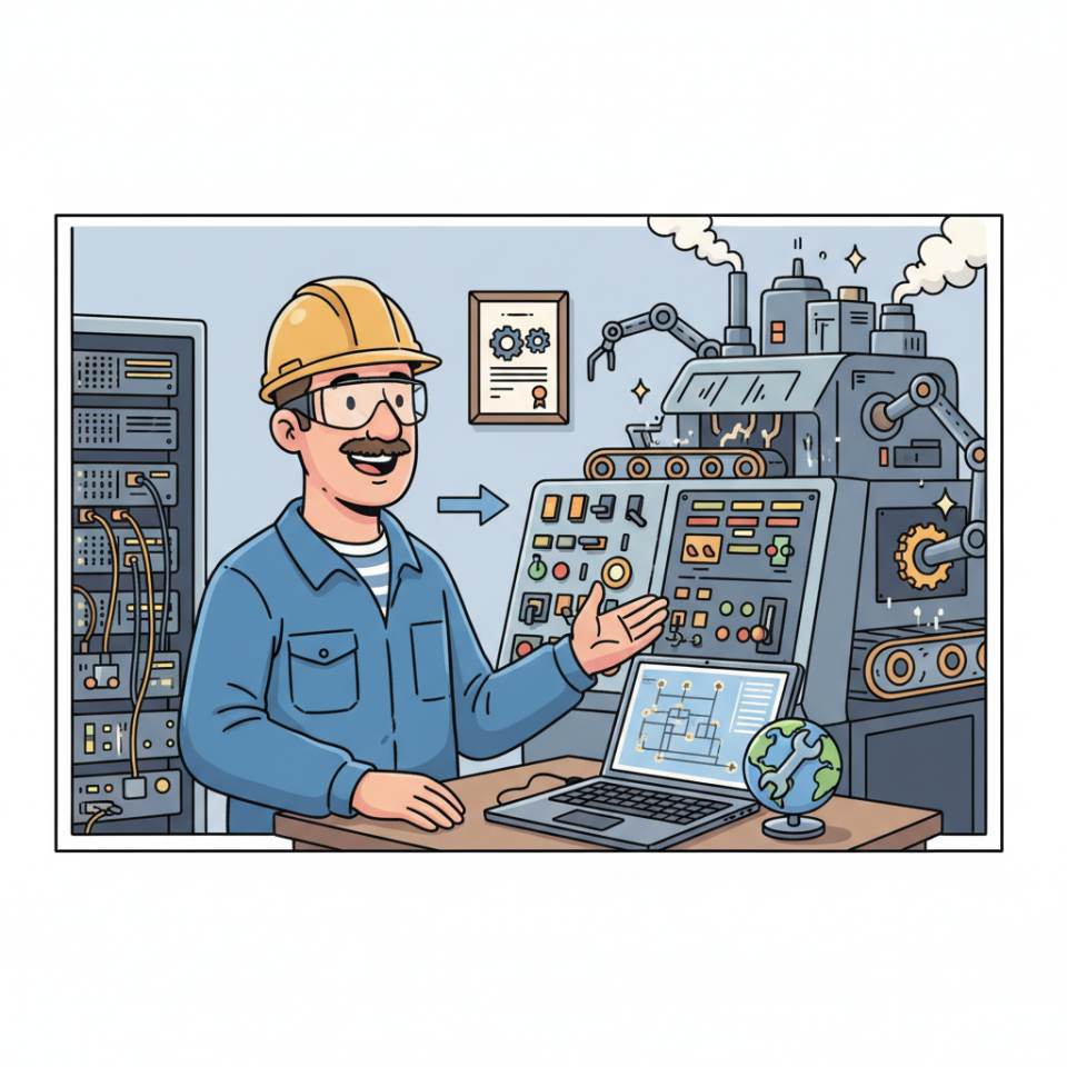 Ilustración tipo cómic de un operador de máquinas con protección auditiva y chaleco reflectante junto a una máquina de producción en marcha en el taller