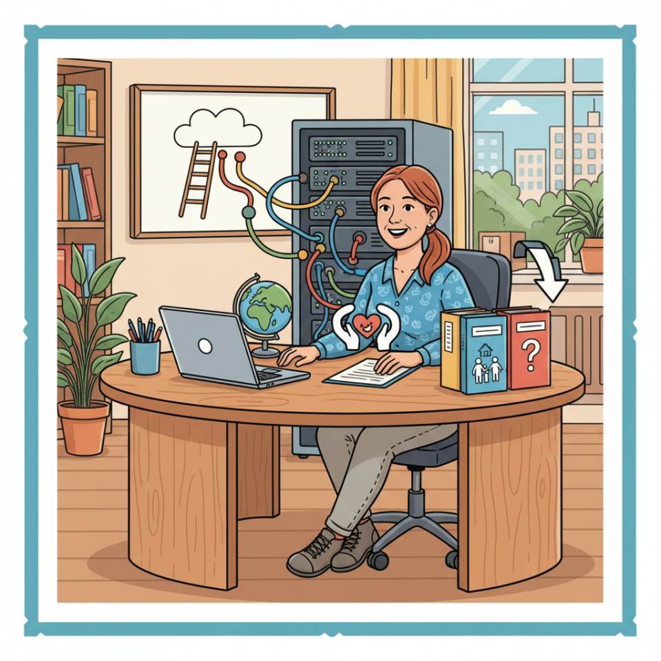 Ilustración tipo cómic de un trabajador social en una entrevista de asesoramiento con usuarios en un centro de orientación