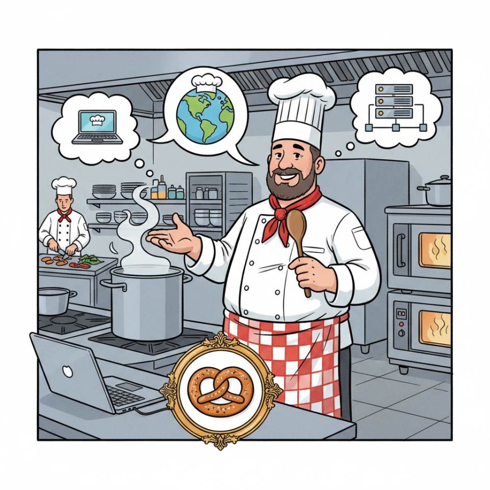 Комикс-изображение руководителя кухни в поварском кителе с планшетом, командой кухни и плитой